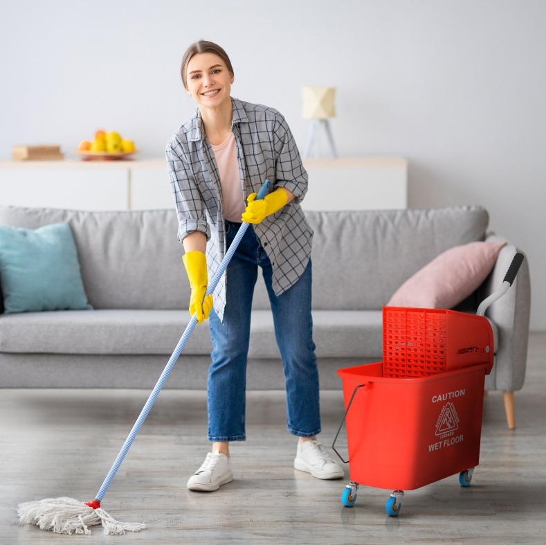 Mop-eimer Mit Auswringer Und Griff, 20 L, Auf Rollen, Roter Kunststoff Okmyhome