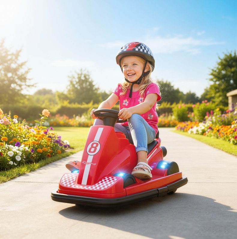 360° Drehbares Kinder-autoscooter Mit Lenkrad, Led, Musik, 6 V, Rot Okmyhome