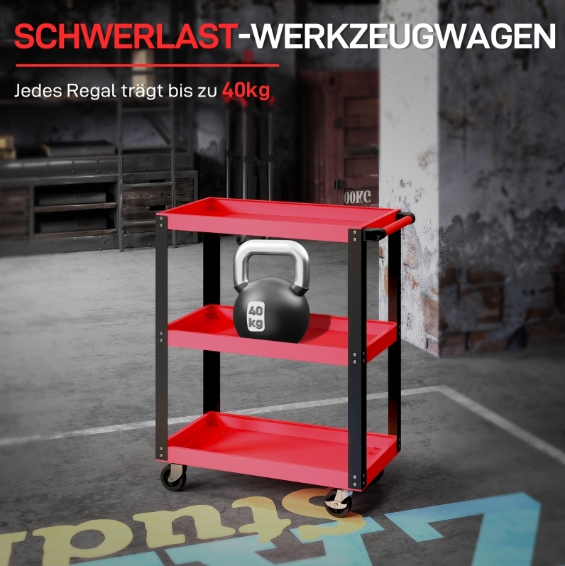 3-stöckiger Werkzeugwagen Aus Metall, 120 Kg, Rollen, Rot Okmyhome