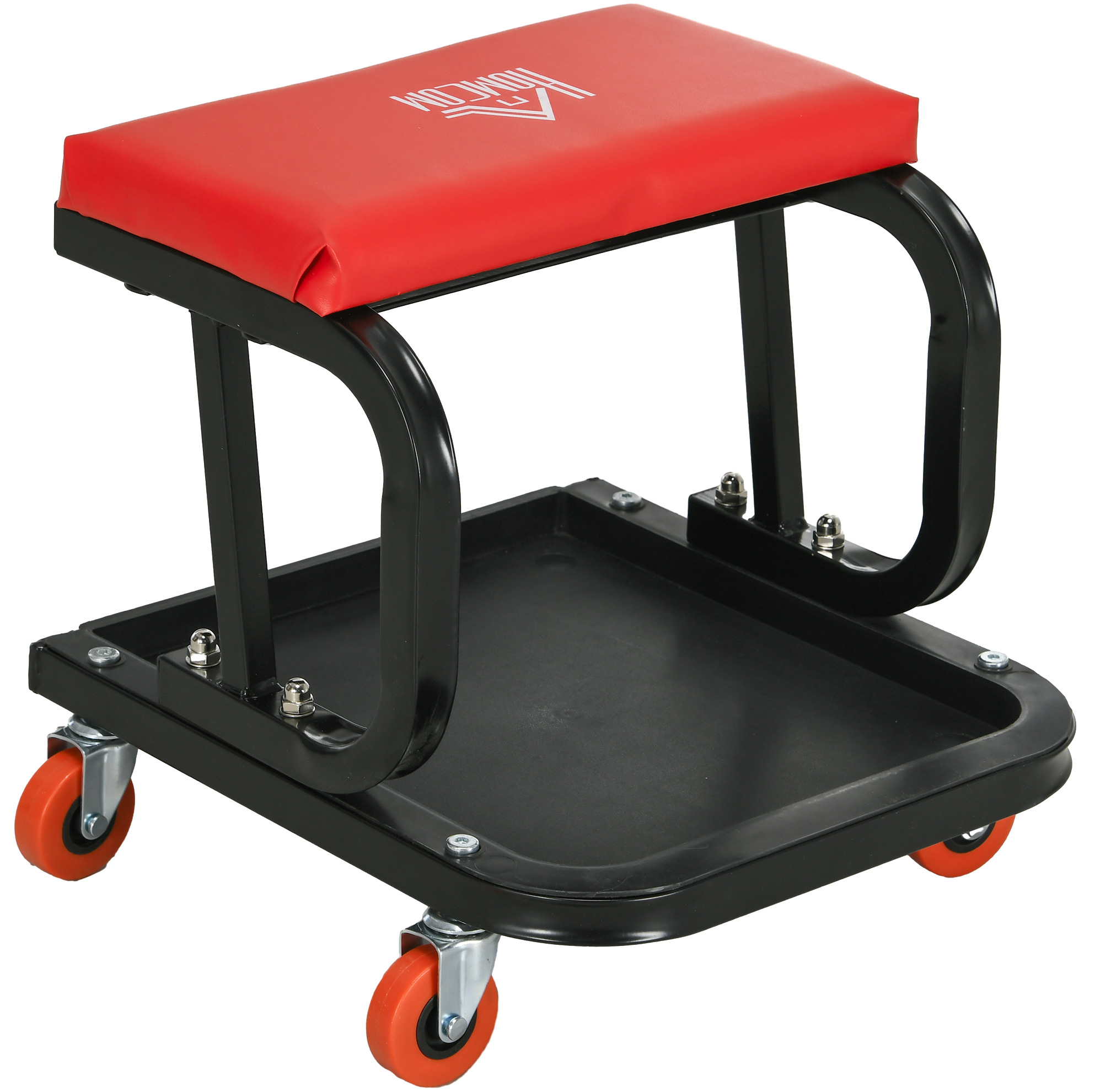 Werkstatthocker Mit Rollen, Gepolsterter Sitz Aus Rotem Kunstleder, 38 X 35 X 37 Cm Okmyhome