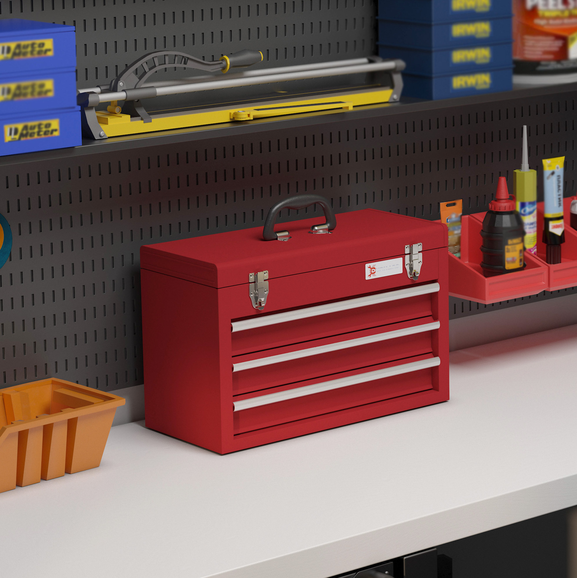 Leerer Werkzeugkoffer Aus Stahl, Rot, 51 X 22 X 32 Cm, 3 Schubladen, Mit Schloss Okmyhome