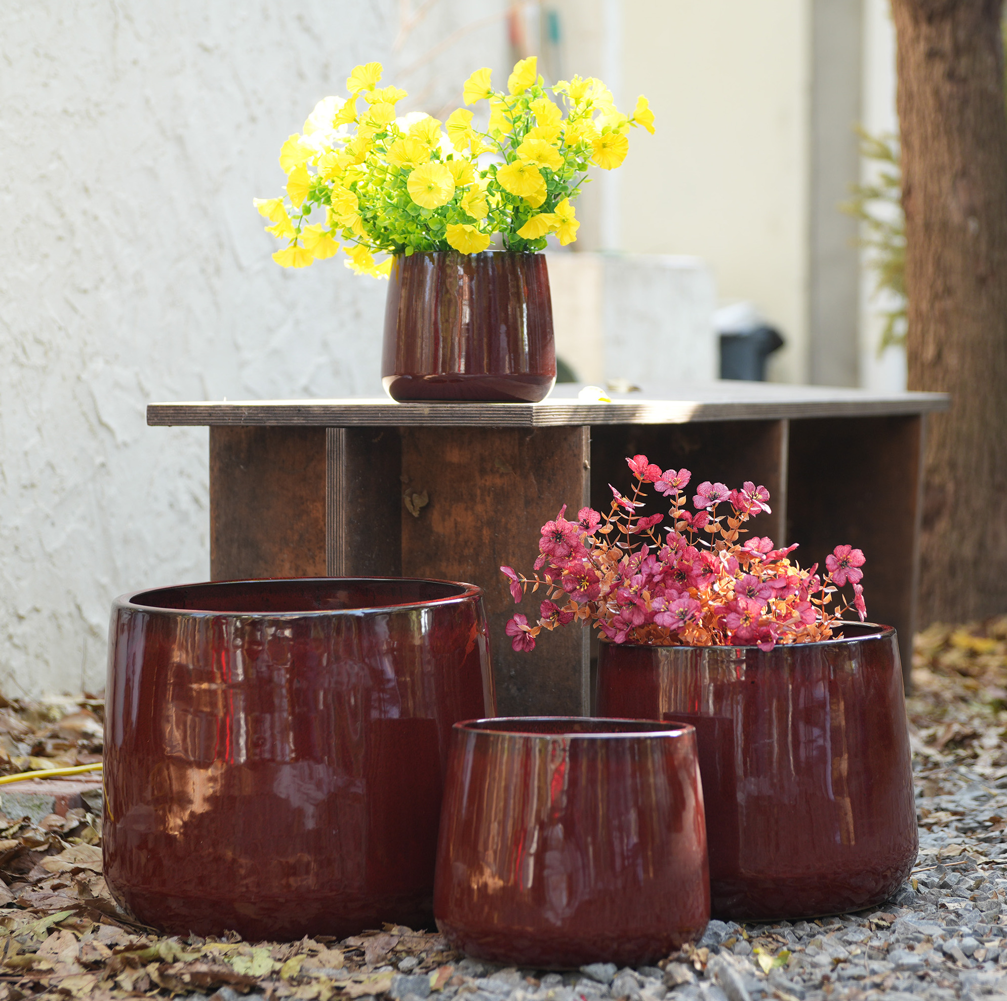 4er-set Keramik-blumentöpfe Ø33/26/20/15 Cm, Glänzend Rot Okmyhome