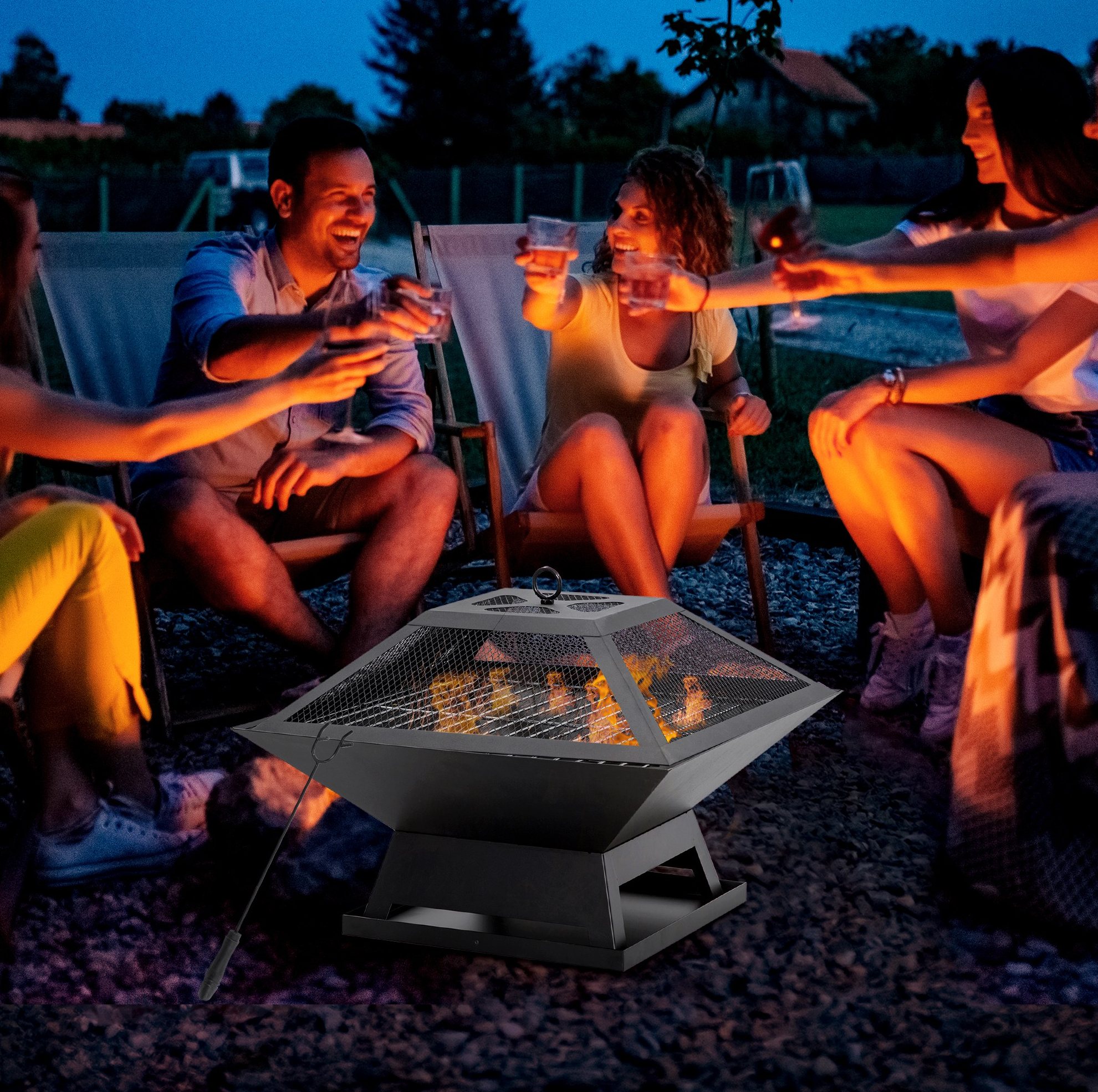 Feuerschale Mit Grillrost Und Funkenschutz, Stahl, 45 X 45 X 34 Cm, Schwarz Okmyhome