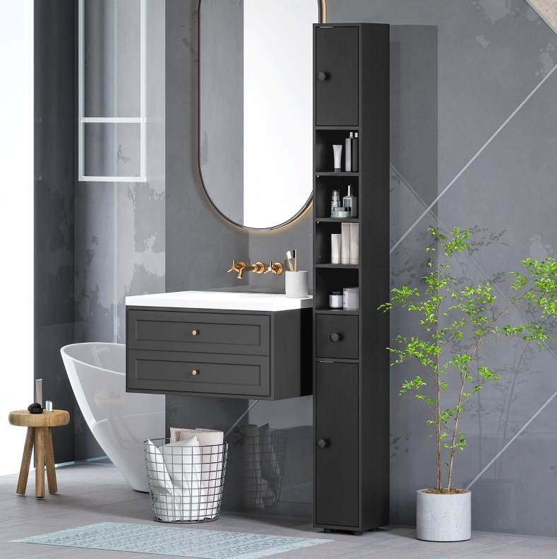 Schmaler Badezimmerschrank 180 X 20 X 20 Cm Mit Offenen Fächern Und 2 Schränken, Schwarz Okmyhome