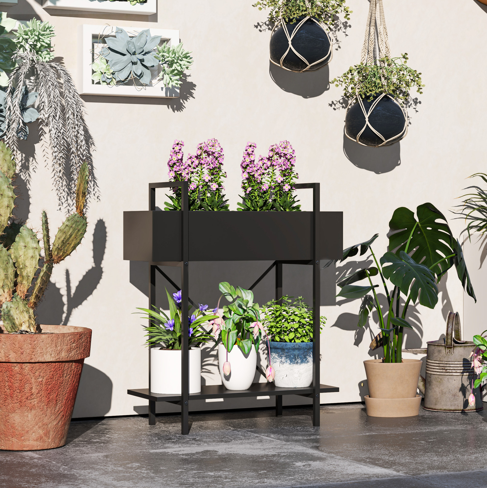 2-stöckiges Pflanzenregal Aus Schwarzem Metall 60 X 25 X 70 Cm Okmyhome