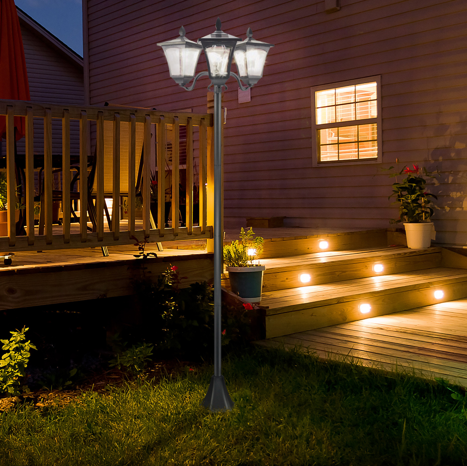 3-flammige Solar-gartenlaterne Led 120 Lumen Ip44 Edelstahl Schwarz 182,5 Cm Okmyhome