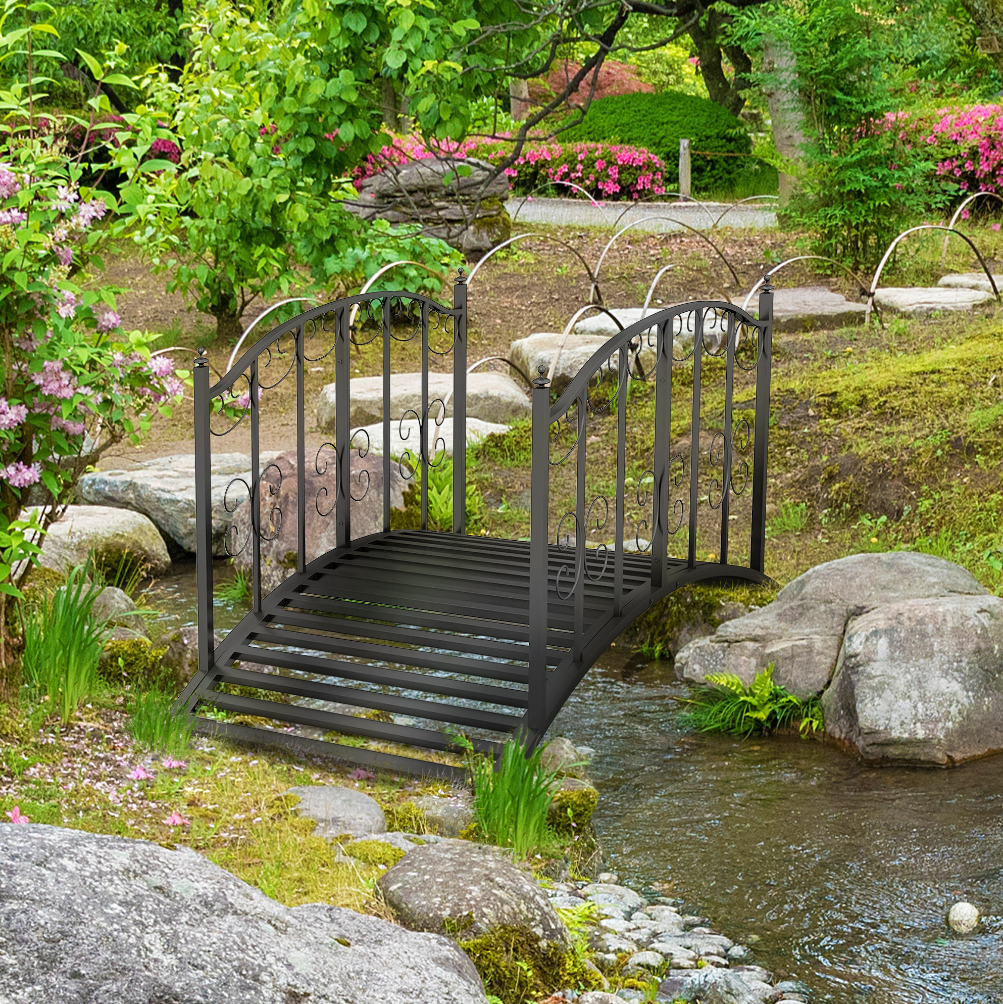 Gartenbrücke Aus Stahl 119 Cm Mit Geländer Und Blumenmuster, Schwarz Okmyhome