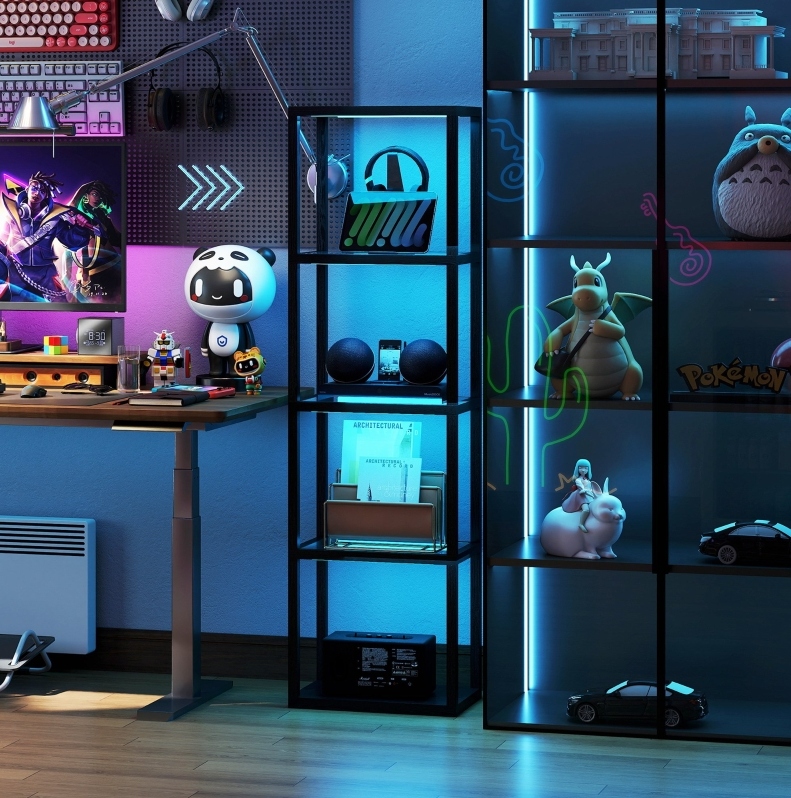 Rgb-stehlampe Mit Glasregalen, Musik Synchronisiert, Schwarz, Okmyhome
