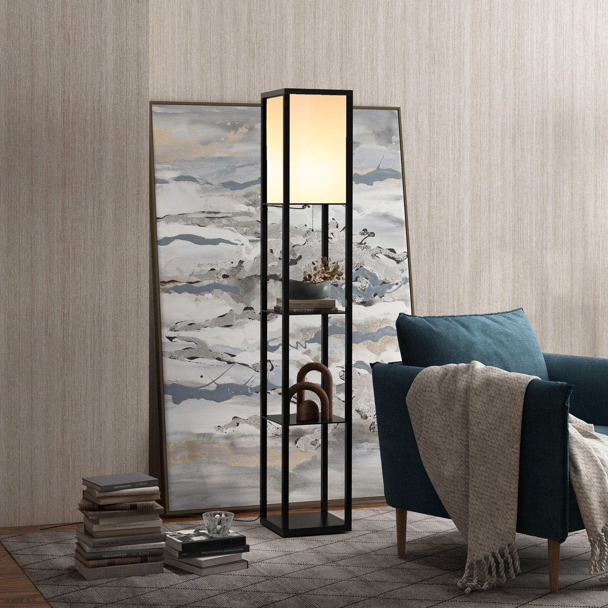 Stehlampe Mit Regalfächern E27 40 W, 26 X 26 X 160 Cm, Schwarz Okmyhome