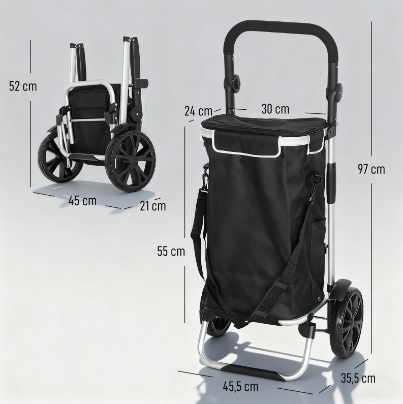 Klappbarer Einkaufstrolley 40 L Mit Isolierfach, Tragkraft 25 Kg, Schwarz Okmyhome