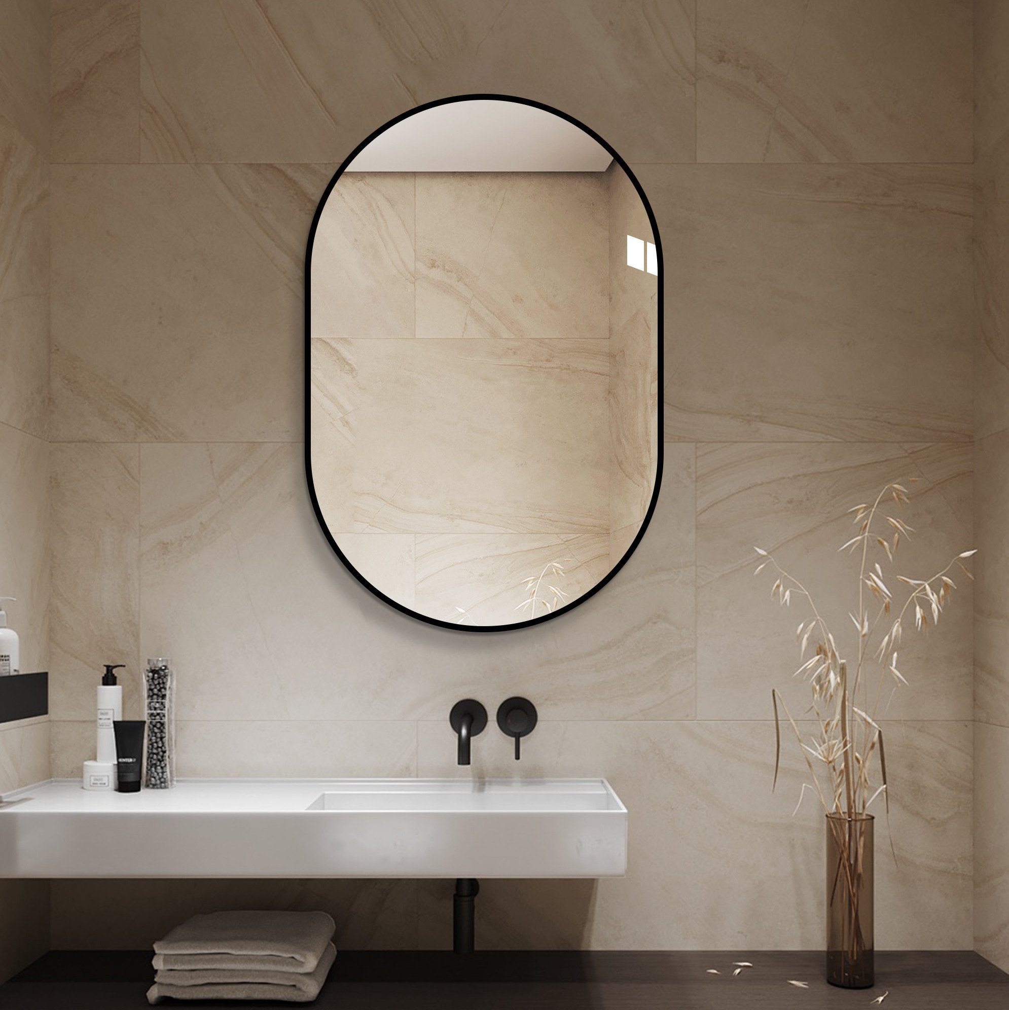 Bogen-wandspiegel 60 X 90 Cm Mit Schwarzem Aluminiumrahmen, Kupferfreies Hd-silberglas Okmyhome