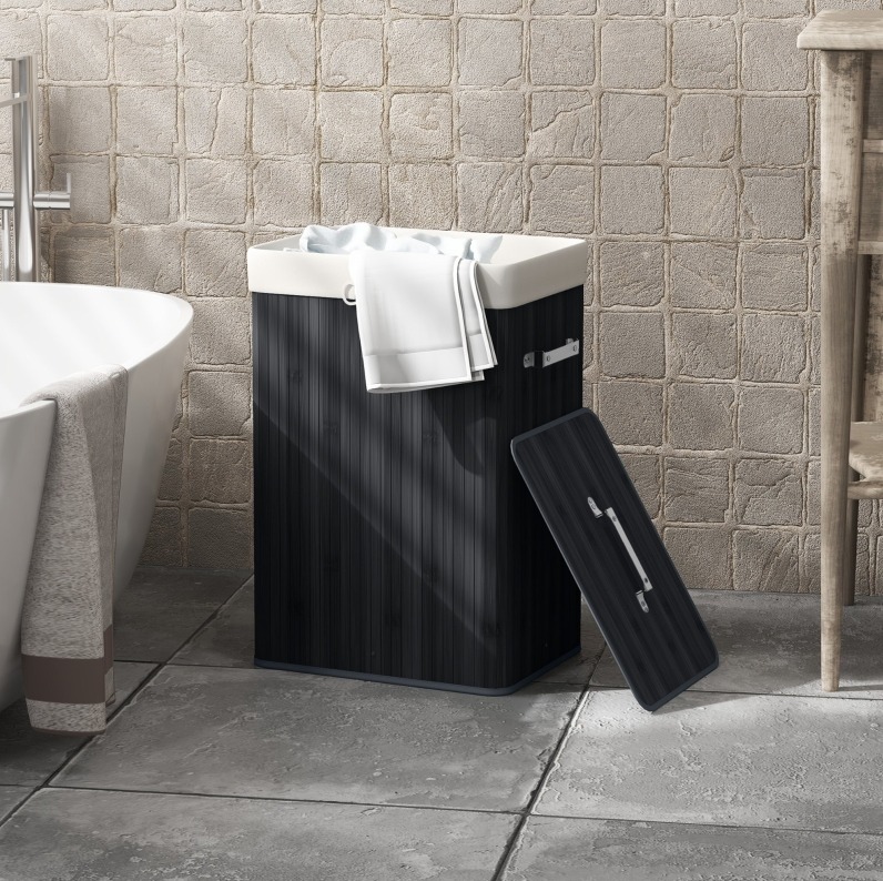 Faltbarer Wäschekorb Mit Deckel 72 L, Bambus Und Stoff, 40 X 30 X 60 Cm, Schwarz Okmyhome