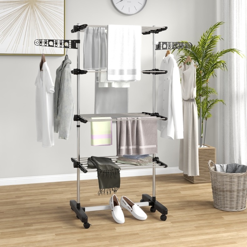 5-stöckiger Klappbarer Wäscheständer Mit One-klick, 142 X 55 X 172 Cm, Schwarz/silber Okmyhome