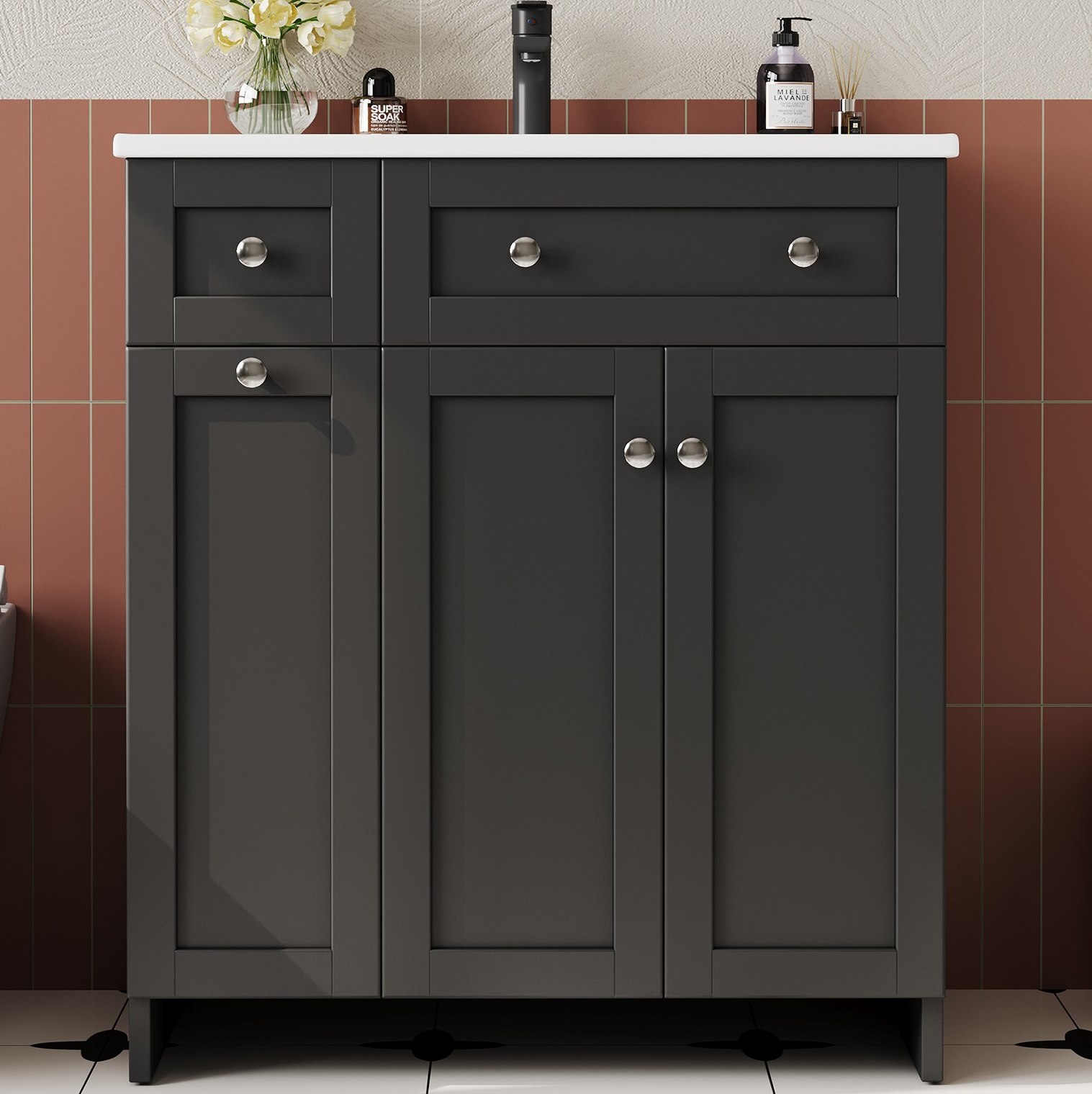 Badezimmermöbel Mit Waschbecken 76 X 47 X 86 Cm, Schwarz, Mdf Und Keramik Okmyhome