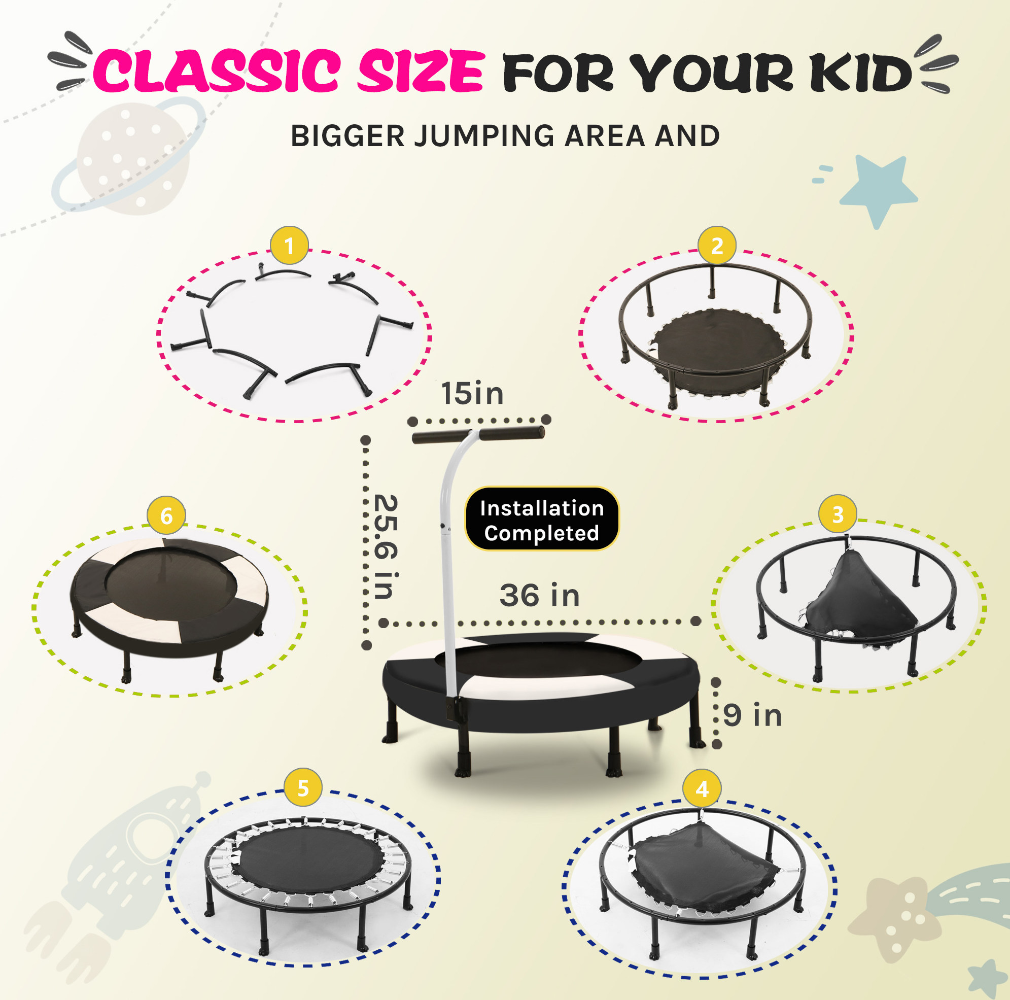 91 Cm Kinder-trampolin In Schwarz Mit Haltestange, 7 Füße, Stahlrahmen Okmyhome