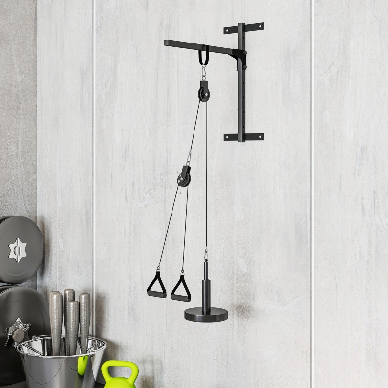 Schwarzes Wand-kabelzugsystem Aus Stahl Mit Gerader Stange Und Trizepsseil Okmyhome