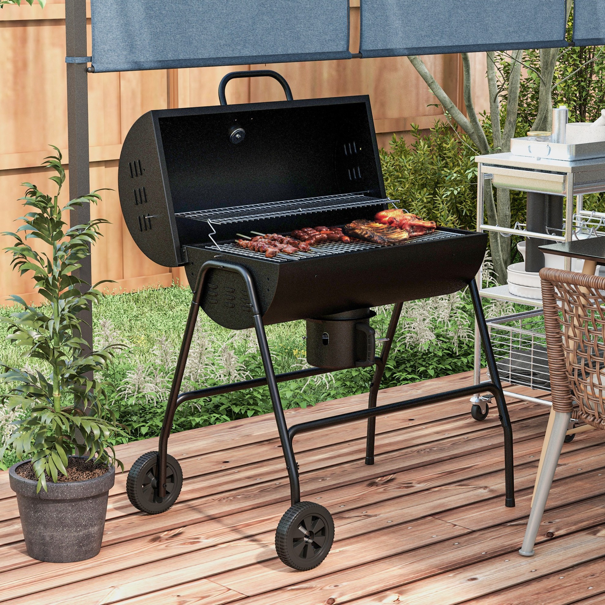 Holzkohlegrill-smoker Mit Deckel, Thermometer, Warmhalterost, Rädern, Schwarz Okmyhome