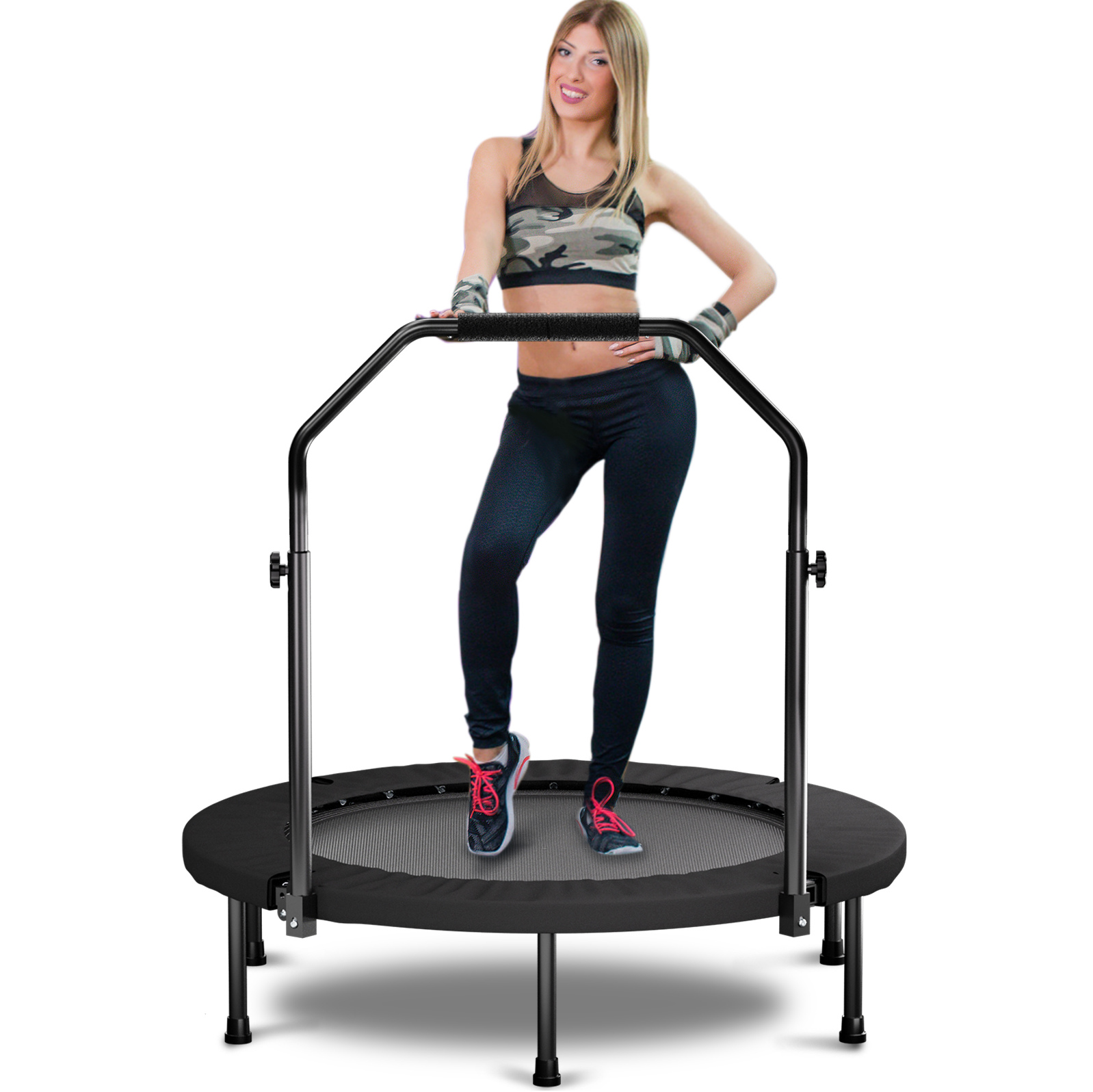 Faltbares Fitness-trampolin 101 Cm Mit Verstellbarem Griff, 36 Federn, Schwarz Okmyhome