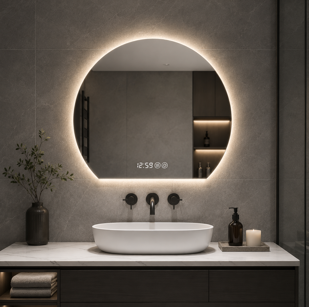 Runder Led-badezimmerspiegel 80 Cm, Beschlagfrei, 3 Lichtfarben, Silber Okmyhome