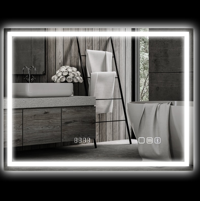 Led-badezimmerspiegel 80 X 60 Cm Mit Bluetooth, Uhr, Antibeschlag, Silber Okmyhome