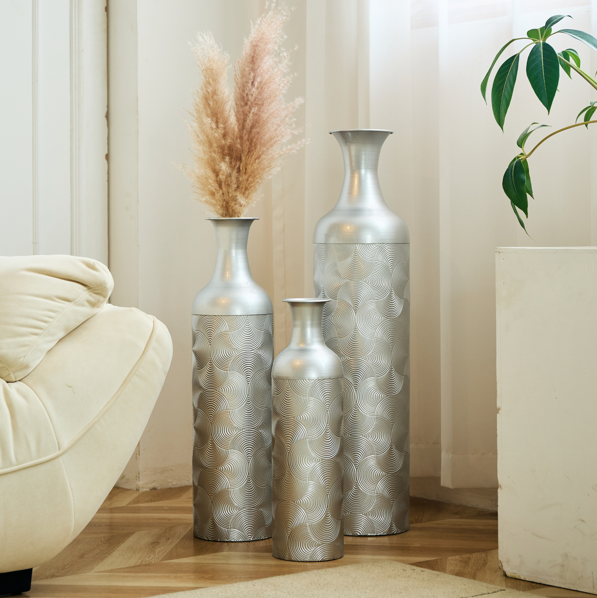 Dekorative Bodenvasen 3er-set Aus Metall, Wellenmuster, Silber, 50/66/83 Cm Okmyhome
