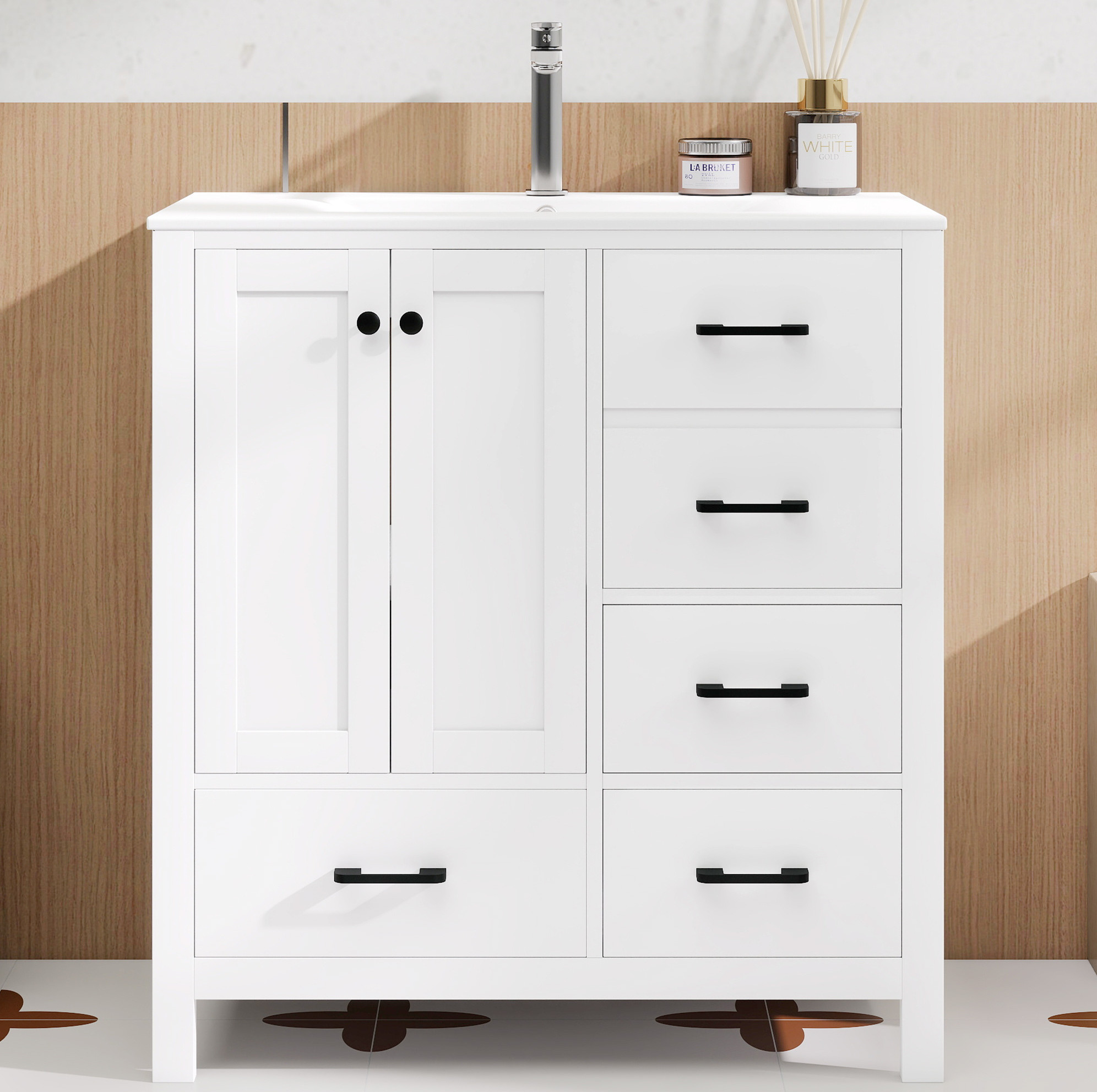 Waschbeckenunterschrank 76 X 46 X 82 Cm Mit Keramikwaschbecken, Weiß Okmyhome