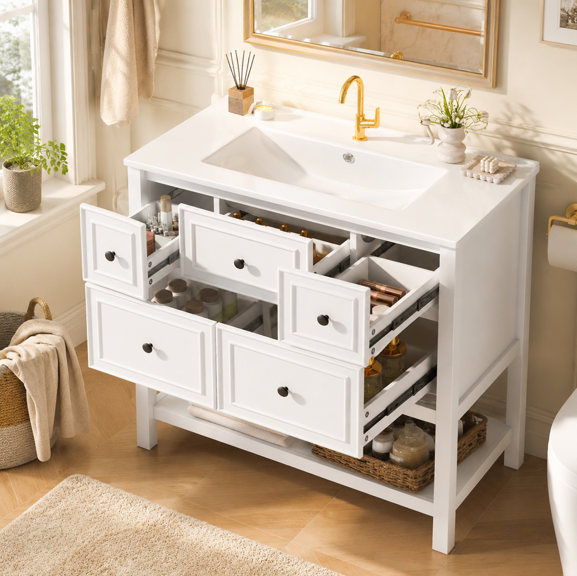 Waschbeckenunterschrank Mit Keramikbecken, 76 X 46,5 X 82 Cm, 5 Schubladen, Weiß Okmyhome