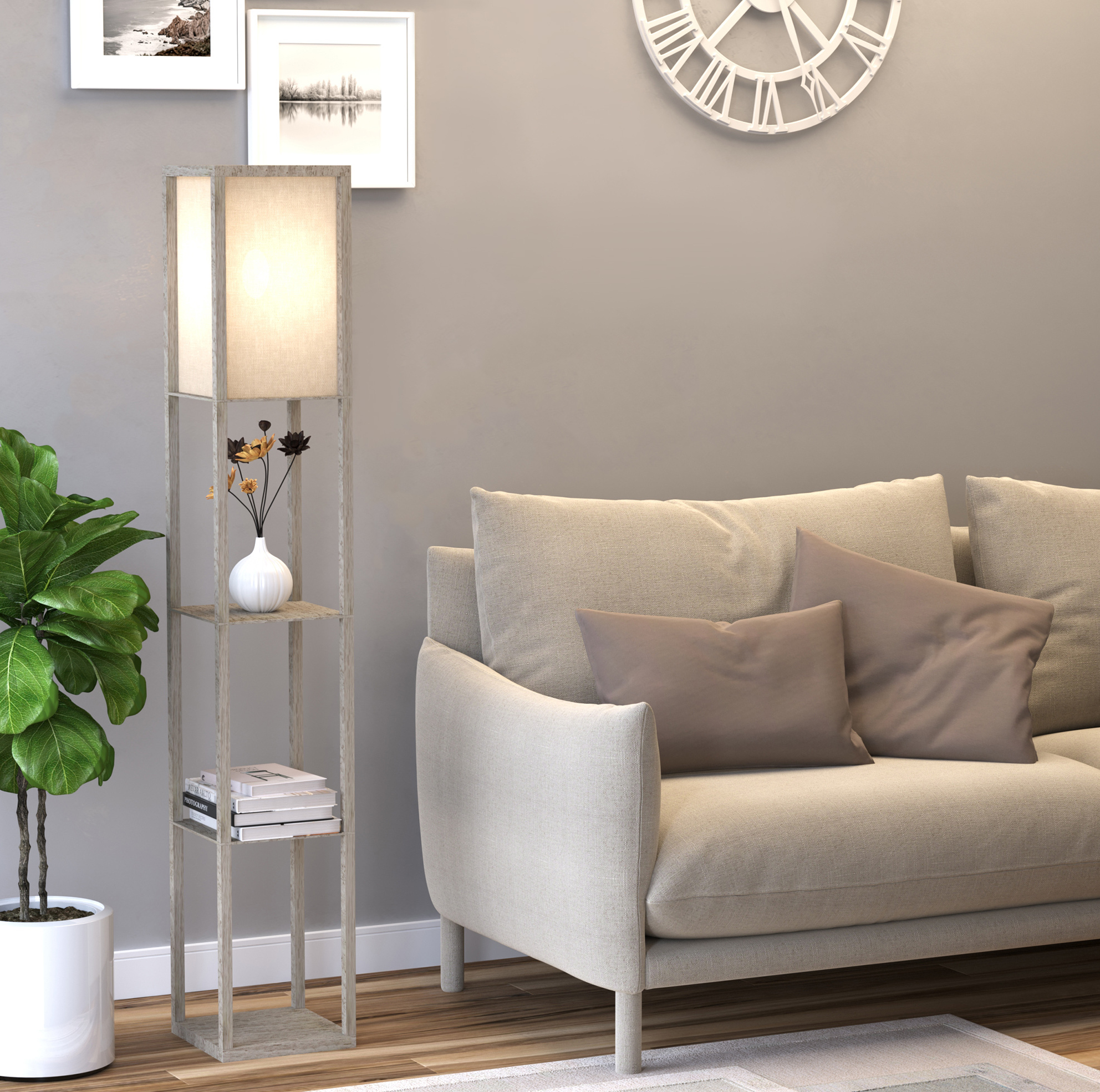 Stehlampe Mit 3 Regalböden, E27, 40 W, Weißes Mdf, 26 X 26 X 160 Cm Okmyhome