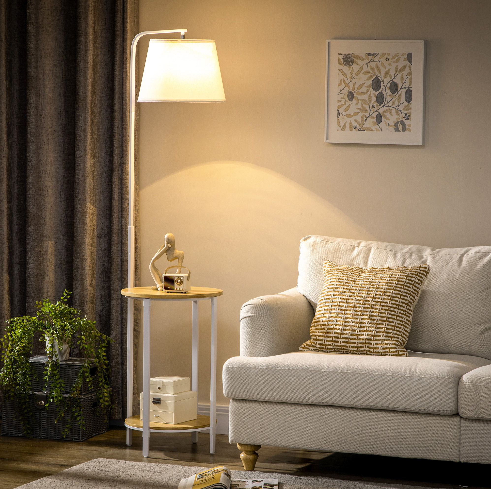 Stehlampe 162 Cm 40 W Mit 2 Ablagen, Leinenschirm, Weiß Okmyhome