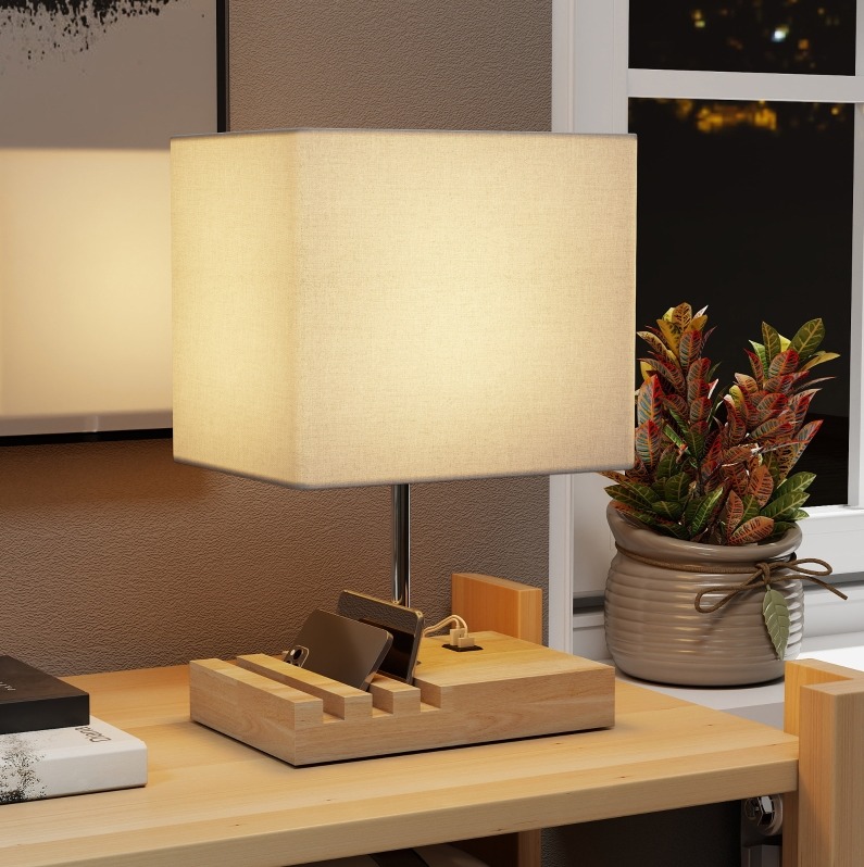 Usb-nachttischlampe Aus Holz Und Stoff, Weiß, E27, Mit Ablage Okmyhome