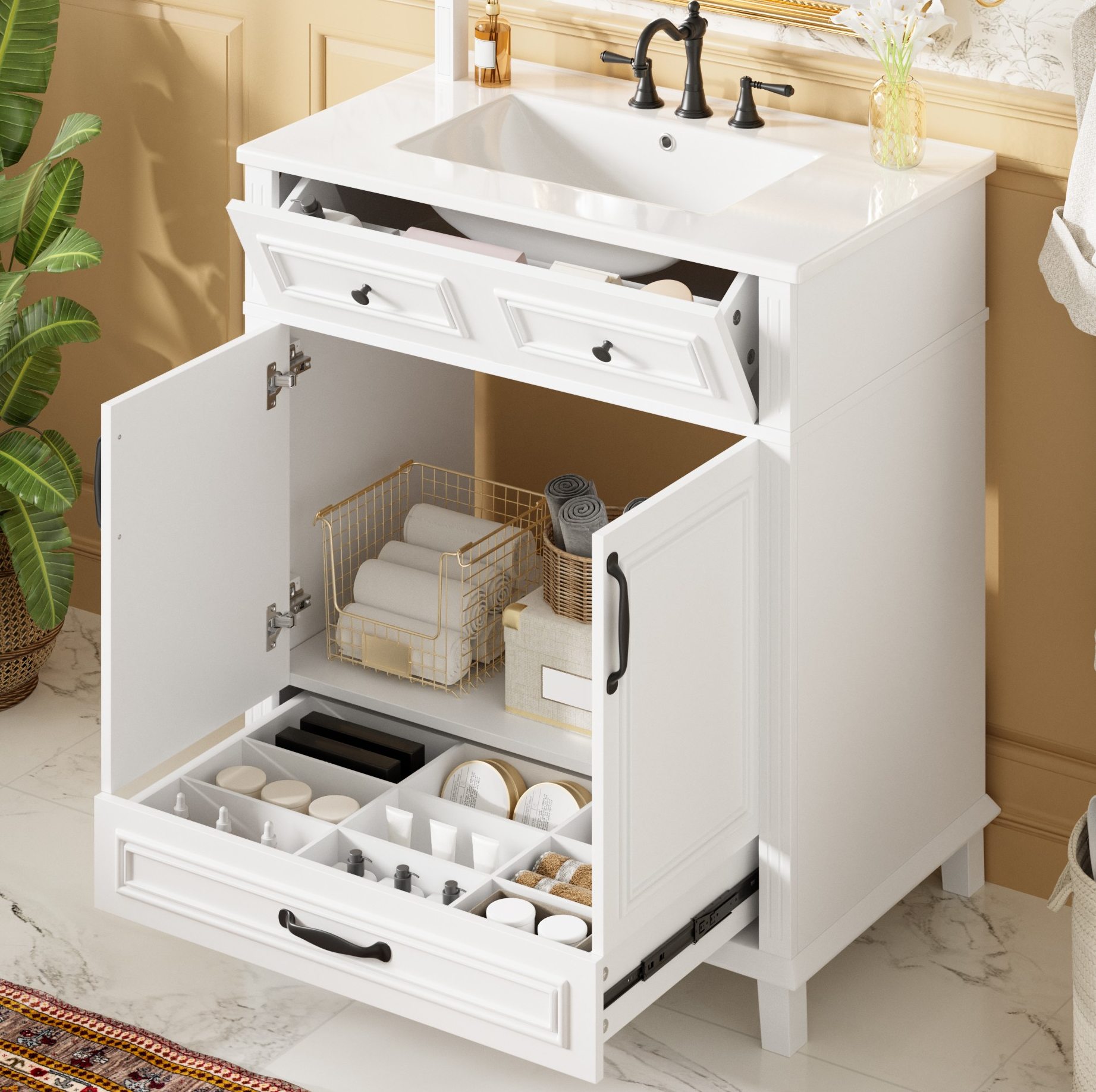 Badezimmerschrank Mit Waschbecken 77 X 46 X 86 Cm, Mdf Und Keramik, Weiß Okmyhome