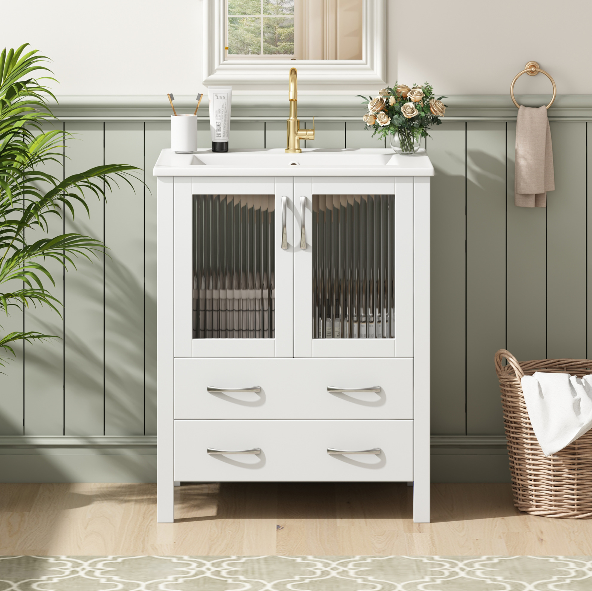 Badezimmerschrank Mit Keramikwaschbecken 61 X 47 X 86 Cm Weiß Okmyhome