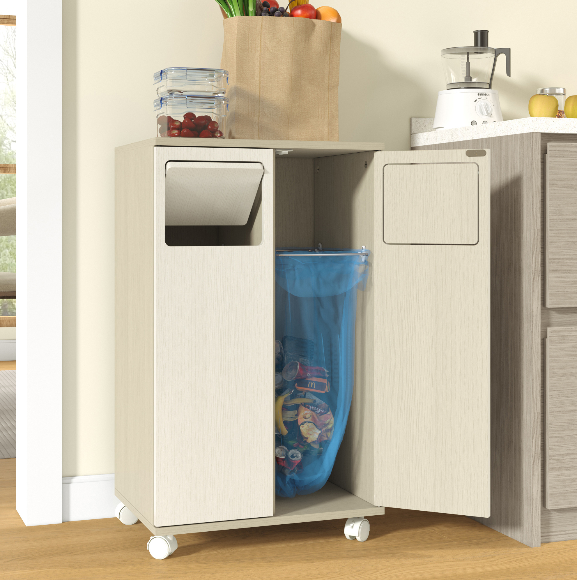 Mülltrennschrank Mit 2 Fächern Auf Rollen, 46,7 X 35 X 80,3 Cm, Mdf, Weiß Okmyhome