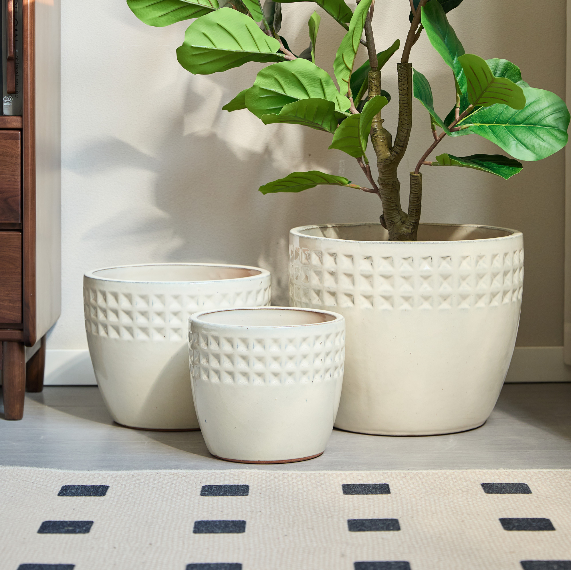 3-tlg. Keramik-blumentöpfe Ø 38/30,5/23 Cm, Glänzend Cremeweiß Okmyhome