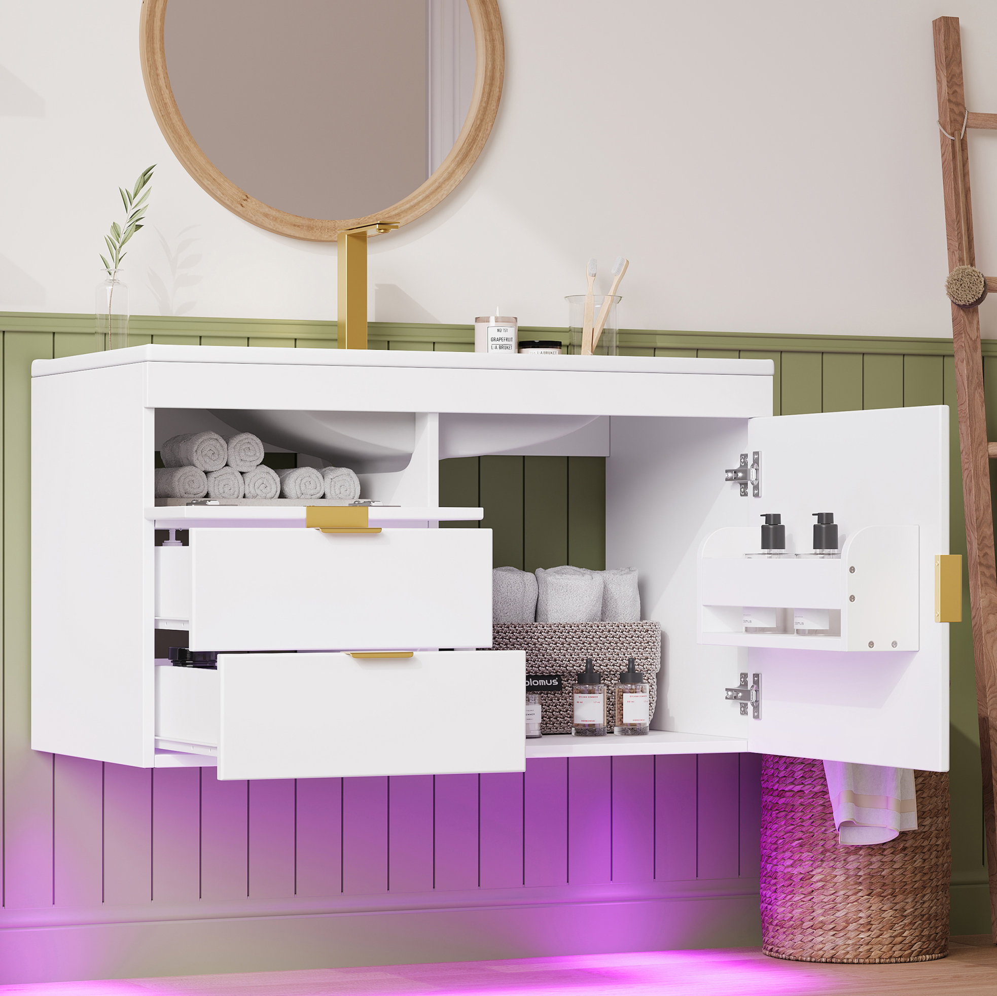 Badmöbel Mit Waschbecken 76 Cm, Wandhängend, Led Und App-steuerung, Weiß, Mdf Okmyhome