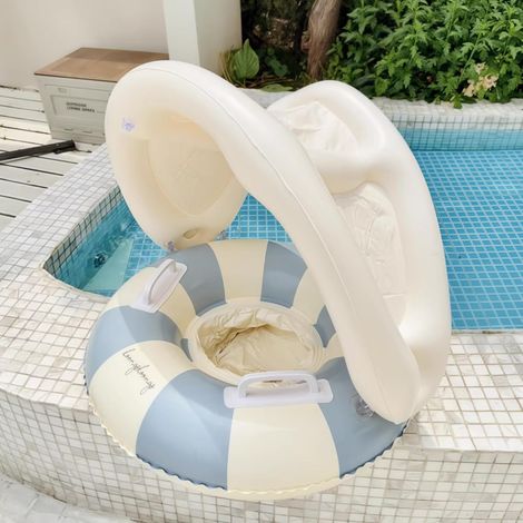 Babyschwimmsitz Mit Abnehmbarem Sonnenschutz – Gestreifter Schwimmsitz Mit Griffen – Für Jungen Und Mädchen – Blau