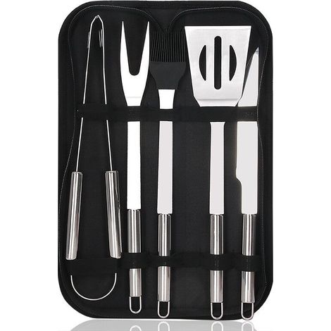 Set Mit 5 Multifunktionalen Grillzubehörteilen Aus Edelstahl Im Etui Für Picknicks, Camping, Räuchern Und Grillen