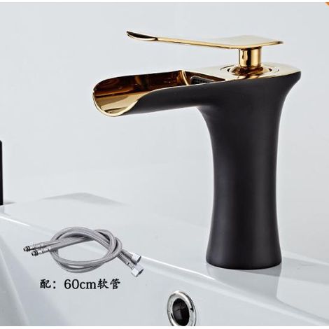 1 Einloch-waschtischarmatur Mit Wasserfallfunktion, Einhebelmischer, Schwarz Lackierte Oberfläche In Goldchrombronze, Für Badezimmer