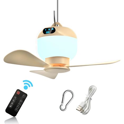 Wiederaufladbarer Campingventilator Mit Licht Und Fernbedienung – 27 Cm (10,63 Zoll) Großer Hängeventilator Für Zelte – 3 Geschwindigkeitsstufen Und Timer – Kabellos – Geeignet Für Zelt, Strand Und Ca