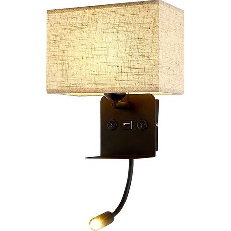 Wandleuchte Für Den Innenbereich Mit Flexibler Led-leseleuchte – Stofflampenschirm – Usb-ladeanschluss – Sanftes Licht Zum Lesen