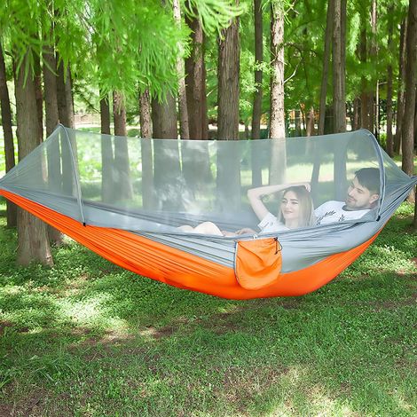 Camping-hängematte Mit Moskitonetz – Inklusive 4 Meter Langer Baumgurte Und Karabinerhaken, Tragbare Und Selbstaufbauende Outdoor-hängematte – Orange-gelb