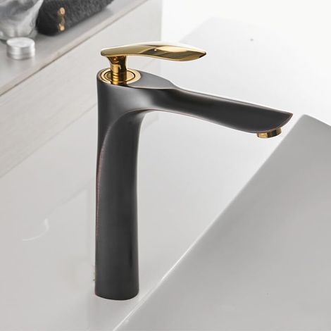 Badarmatur - Einloch-warm- Und Kaltwasseranschluss - Für Badezimmer Und Toiletten - Lang, Schwarz Und Gold, 1 Stück, 35 Mm Montageloch.