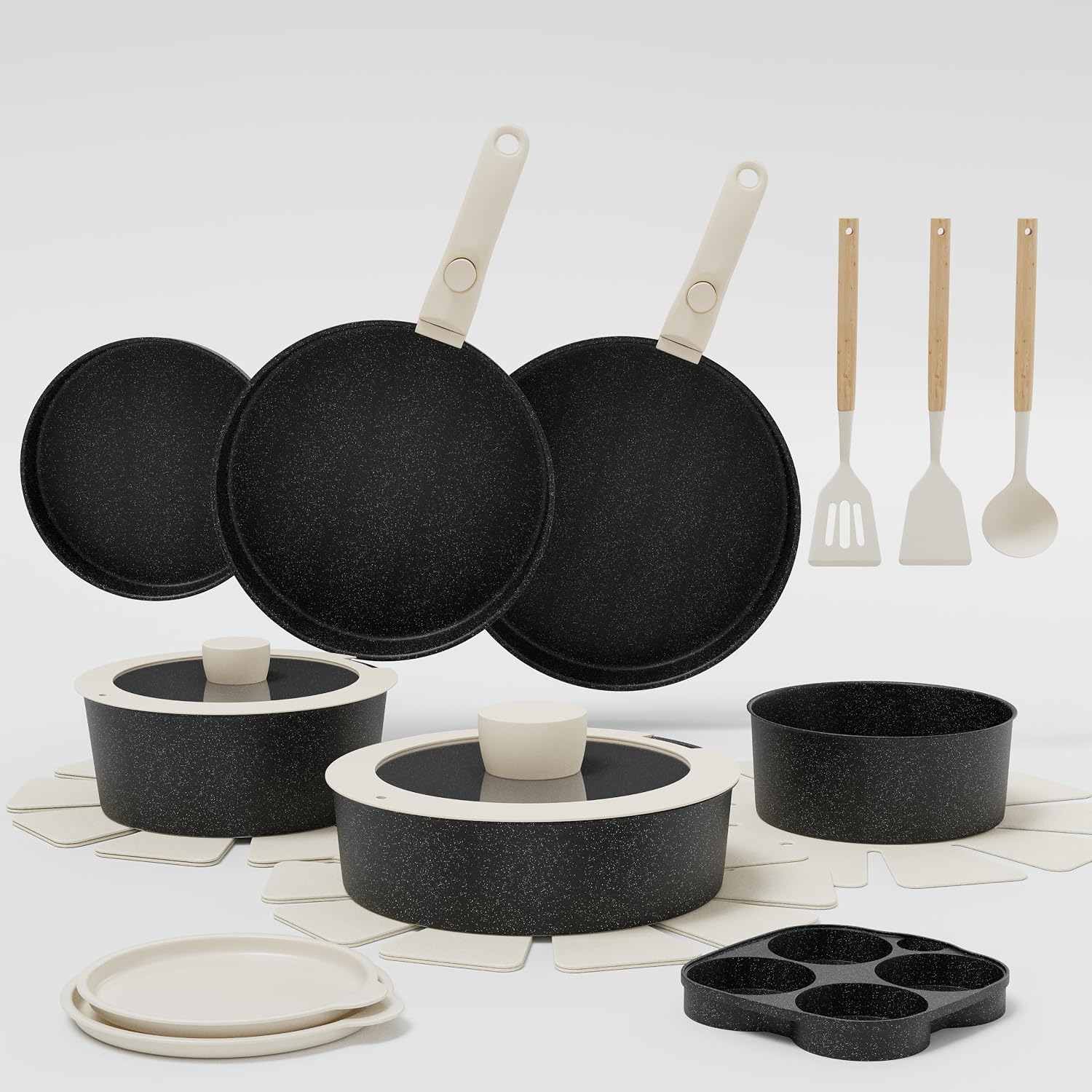 21‑teiliges Schwarzes Kochgeschirr‑set, Abnehmbare Antihaft‑griffe, Für Alle Herdarten, Mit Grillpfanne Und Dampfgarer