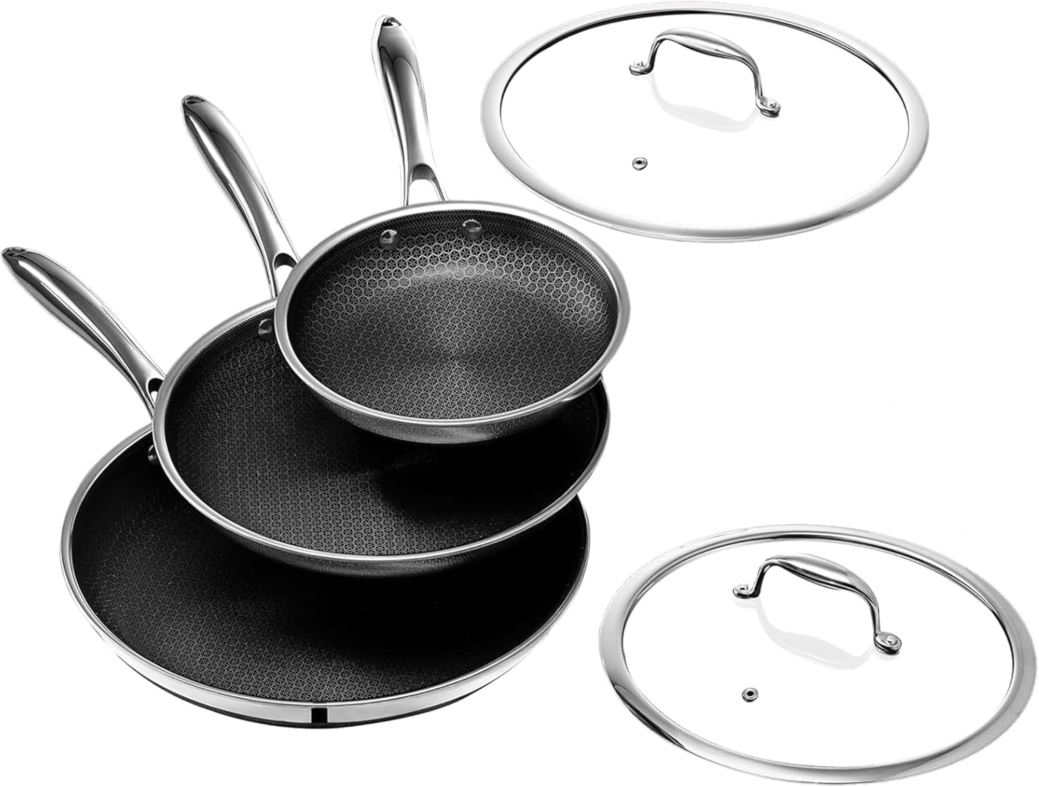3‑er‑set Pfannen 20‑25‑28 cm, 3‑lagiger Edelstahl‑antihaft, Deckel, Kühle Griffe, Pfoa‑frei, Für Alle Herdarten