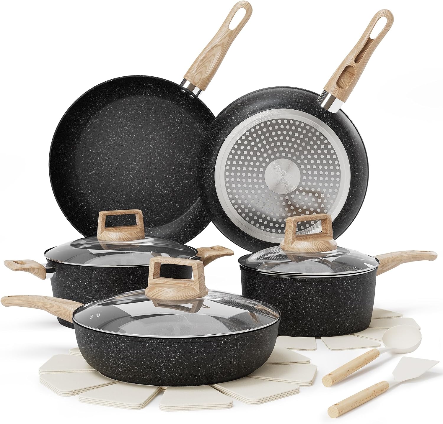14‑teiliges Kochgeschirr‑set Aus Aluminium Mit Keramischer Antihaftbeschichtung, Induktionsgeeignet, Feste Griffe, Inklusive Utensilien