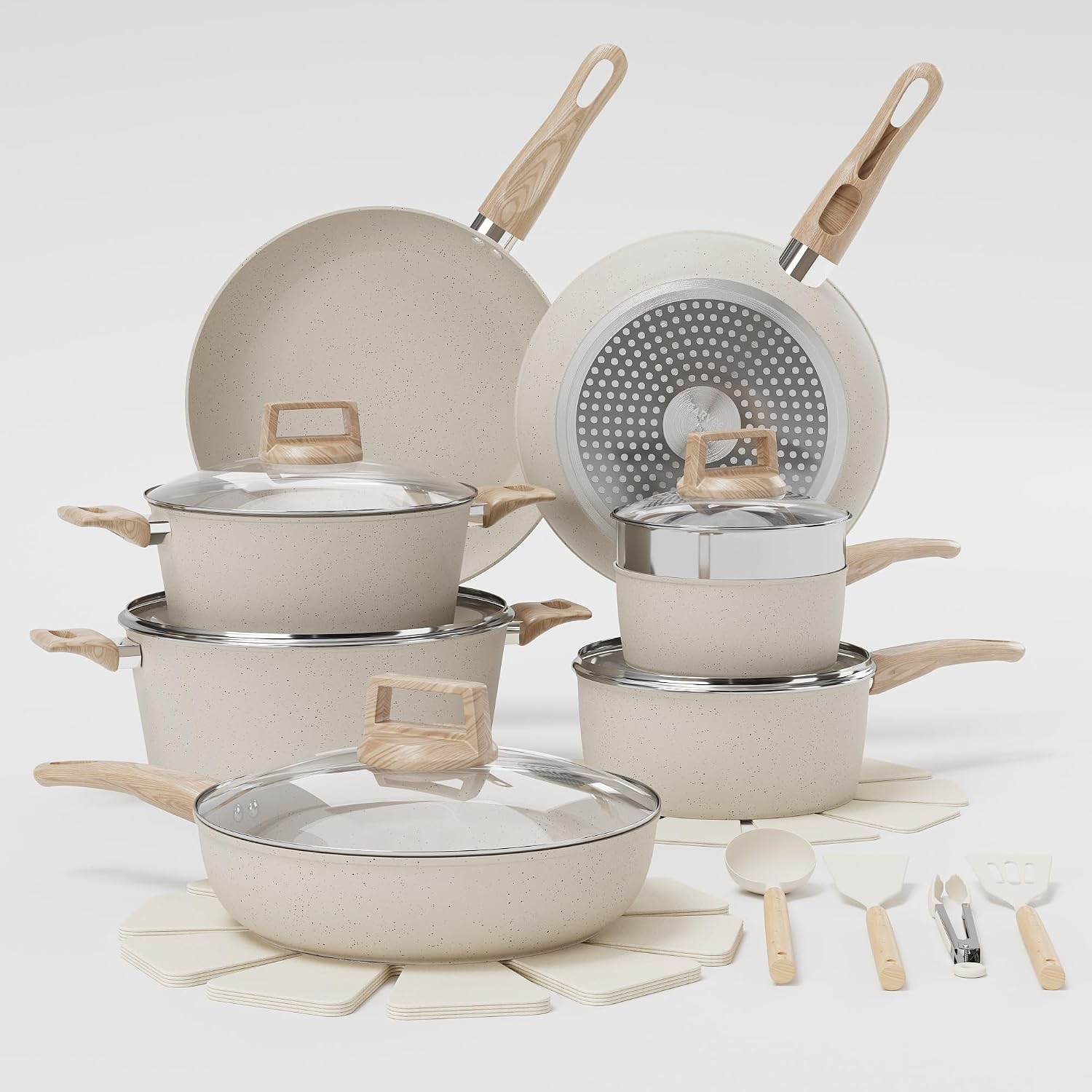 21‑teiliges Weißes Kochgeschirr‑set Aus Aluminium, Antihaftbeschichtung, Feste Griffe, Induktionsgeeignet, Pfoa‑ Und Pfas‑frei