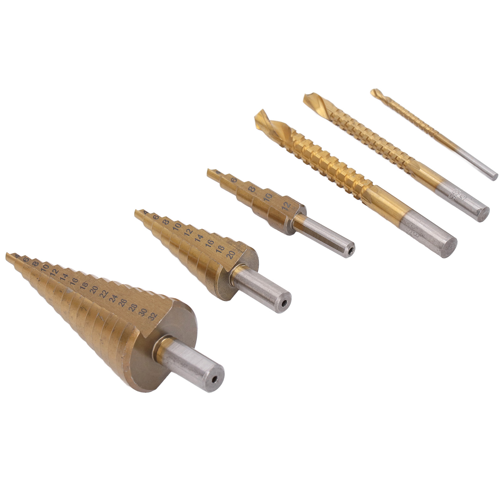 6-teiliges Set Titan-hss-bohrer, Rundschaftbohrer, Gerader Nutbohrer, Stufenbohrer Für Dünnes Holz Und Metall