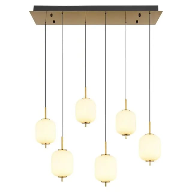 Hängelampe höhenverstellbar Pendelleuchte led Esstischleuchte Glas opal Wohnzimmerlampe 6 flammig, messingfarben, 40W 2176lm warmweiß, LxH 80,5 x 220