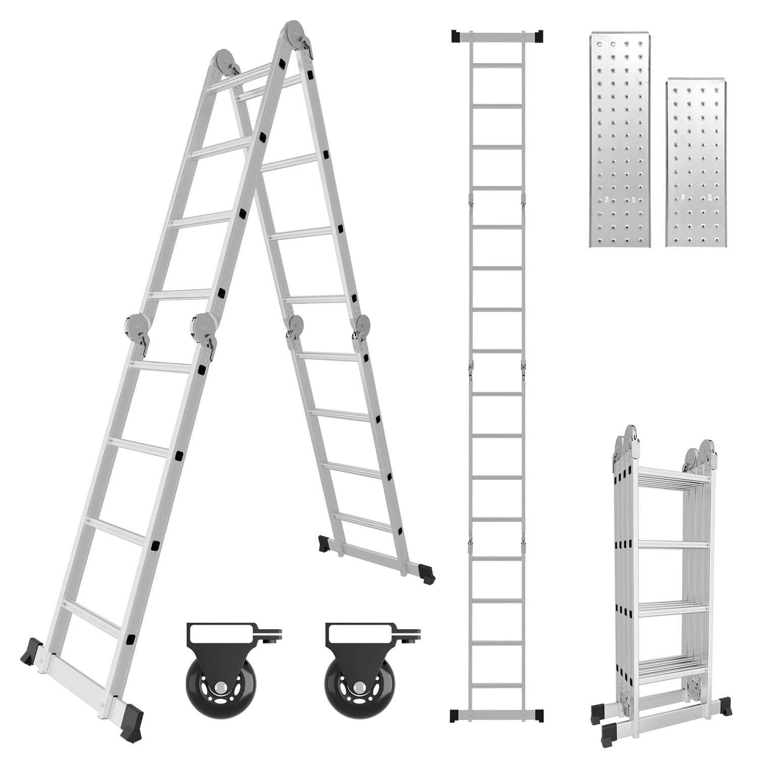 Jiubiaz Mehrzweckleiter Multifunktionsleiter 7in1 4x4 Stufen, Ca. 470cm / 4.7m, Alu Gelenkleiter Mit 2 Plattformen, 2 Rollen, Max. Belastbarkeit 150 Kg