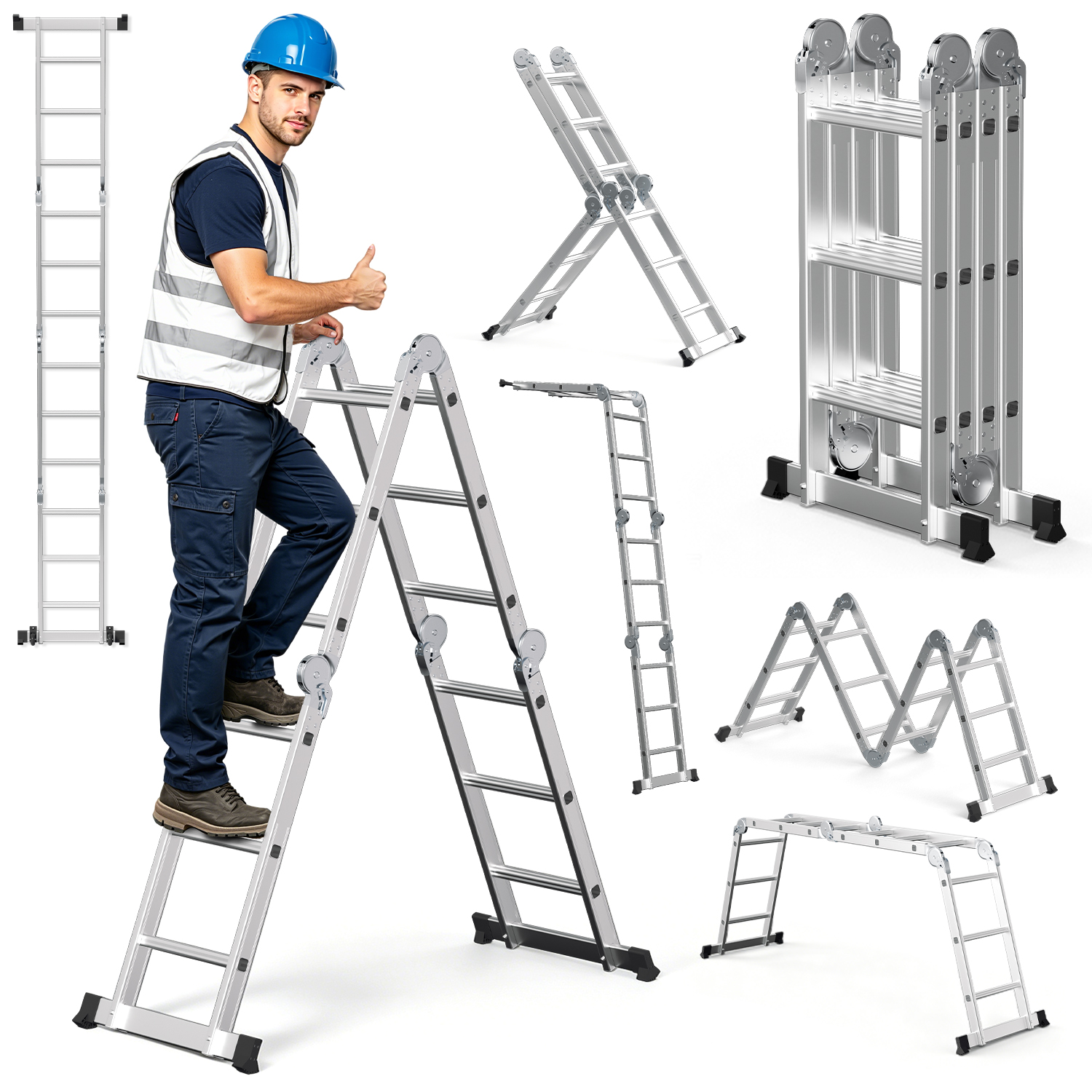 Jiubiaz 7in1 Mehrzweckleiter 4x3 Stufen Aus Aluminium, Ca. 360cm / 3.6m, Multifunktions-gelenkleiter, Klappleiter & Stehleiter, Max. Belastbarkeit 150 Kg